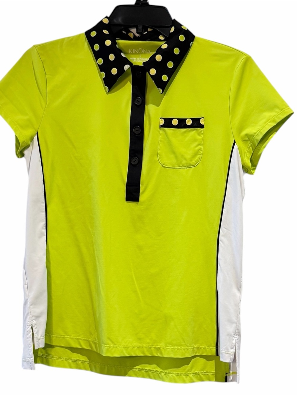 Kinona Womens Golf Lime Green Yellow Polo Top with Polka Dot Collar Small